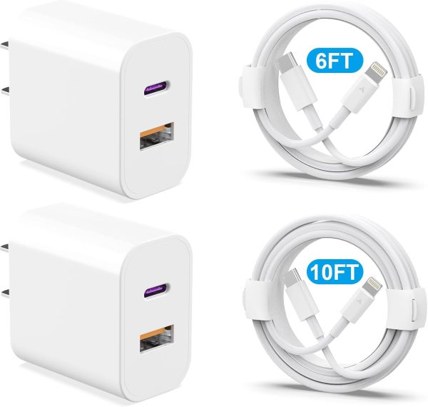 20W Dual Port Fast Charger Block 2-Pack with 6FT & 10FT MFi-Certified Cables, PD/QC3.0 Quick Charge Adapter for iPhone 14/13/12/11 Pro Max/XS/XR/X, iPad, AirPods Pro - Overheat & Surge Protection