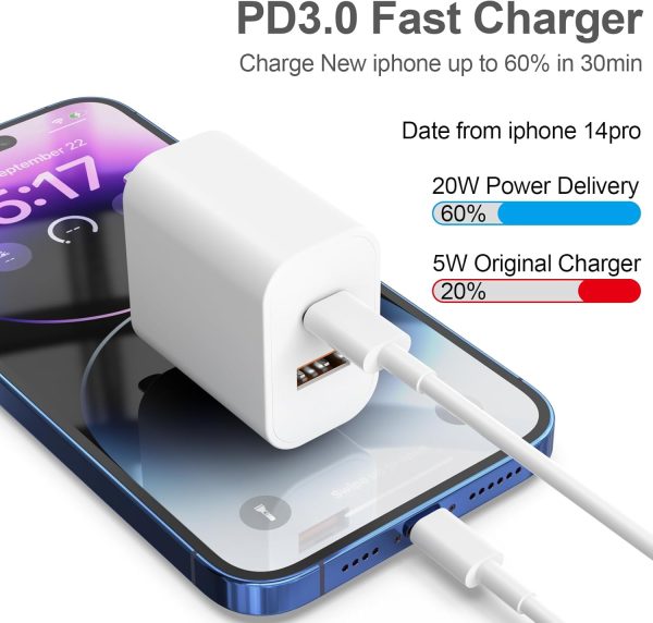 20W Dual Port Fast Charger Block 2-Pack with 6FT & 10FT MFi-Certified Cables, PD/QC3.0 Quick Charge Adapter for iPhone 14/13/12/11 Pro Max/XS/XR/X, iPad, AirPods Pro - Overheat & Surge Protection - Image 2