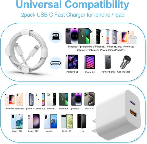 20W Dual Port Fast Charger Block 2-Pack with 6FT & 10FT MFi-Certified Cables, PD/QC3.0 Quick Charge Adapter for iPhone 14/13/12/11 Pro Max/XS/XR/X, iPad, AirPods Pro - Overheat & Surge Protection - Image 7