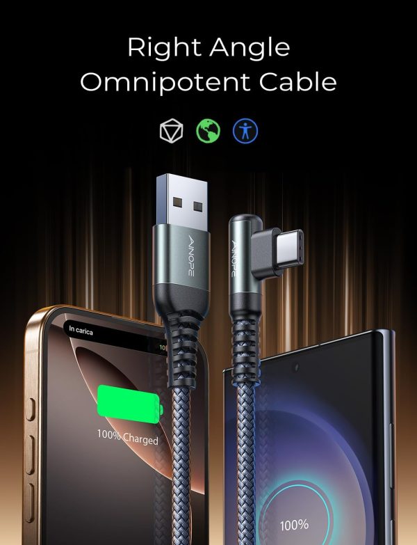 AINOPE USB C Cable [2-Pack, 6.6ft] 3.1A Type C Charger Fast Charging, Right Angle USB to USB C Cable Braided USBC Charger for Galaxy S10+ S10 S9, Note 10 9, LG V30, Moto, iPhone 16 15 Charger Cord - Image 2
