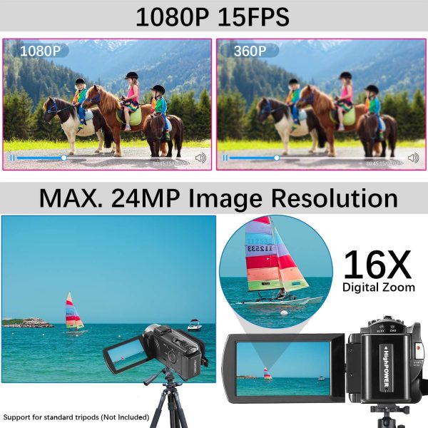 Video Camera Camcorder Digital Camera Recorder Full HD 1080P 15FPS 24MP 3.0 Inch 270 Degree Rotation LCD 16X Digital Zoom Camcorder Camera with 2 Batteries(Black) - Image 3
